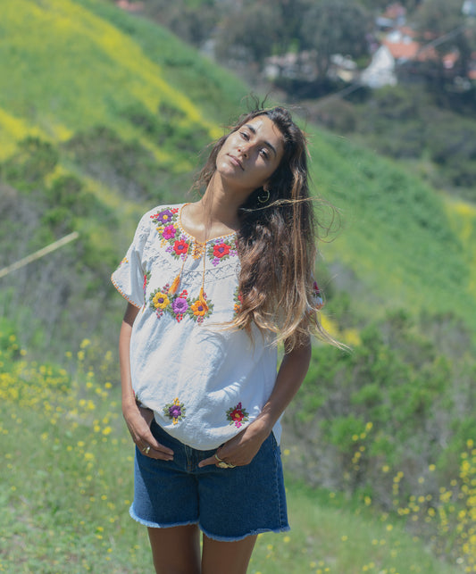 Vintage Linen Floral Embroidered Top