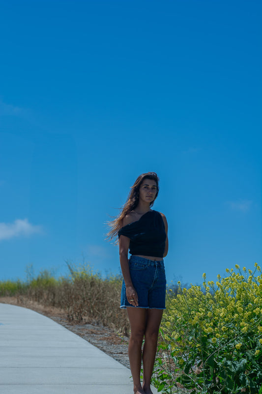 Black Linen Off Shoulder Crop Tank