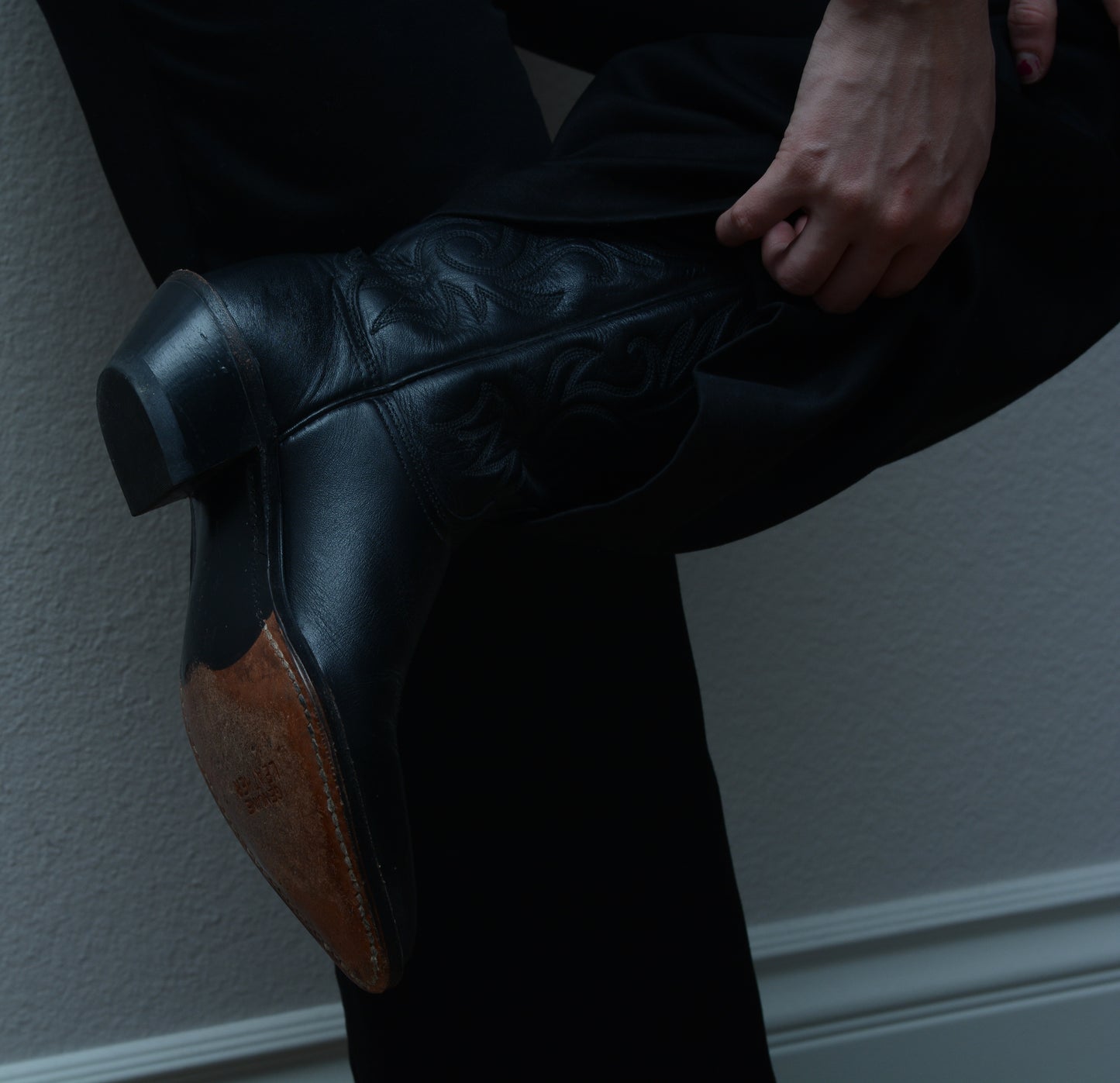 Black Genuine Leather Cowboy Boots