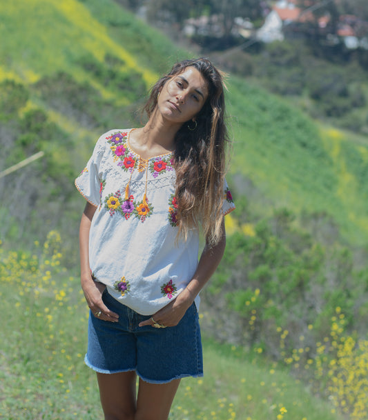 Vintage Linen Floral Embroidered Top