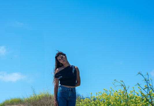 Black Linen Off Shoulder Crop Tank